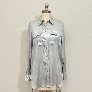 LAUREN RALPH LAUREN Shirt Silver Metallic Button Up Preppy Patch-Pocket